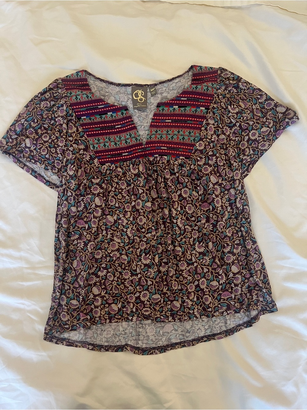 Anthropologie Purple Floral Short Sleeve Boho Top
